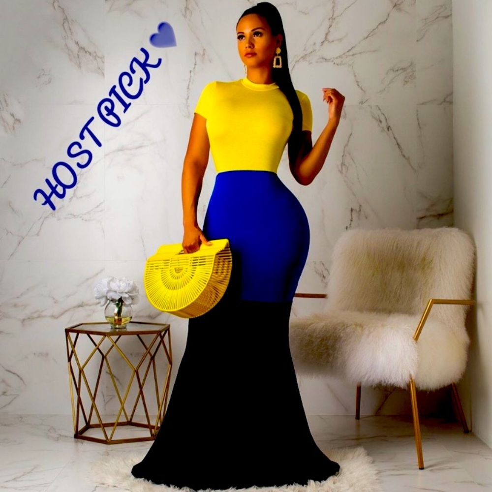 Maxi Color Stretch Mermaid Black Blue Yellow Dress